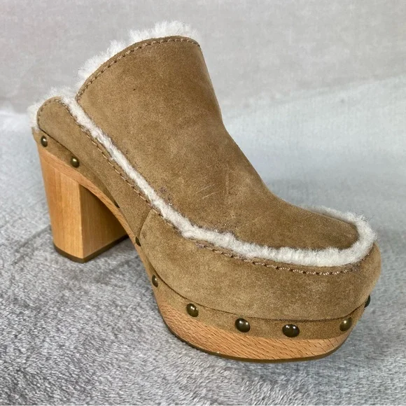 UGG Aubriana Mule Womens Heel Boots 5 Chestnut Suede Sheepskin Lined Studded NEW - Picture 6 of 13